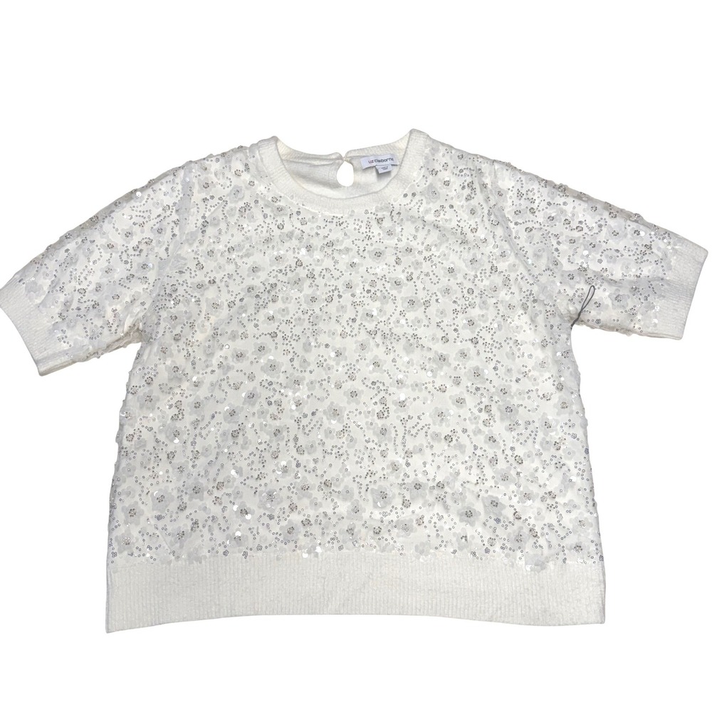 Vintage Liz Claiborne Womens XL White Floral Sequin Beaded Short Sleeve Sweater